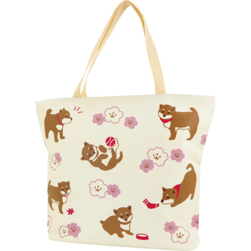 A large white tote bag with a cute Shiba Inu and Sakura (cherry blossom) design. This tote bag is lightweight, has a zipper, and has a small pocket on the inside, so it can be used in a variety of situations. Available at j-okini in Malta