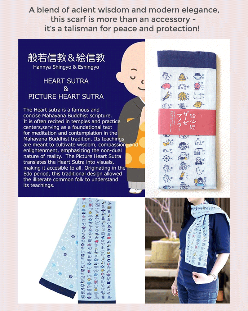 Embrace tranquility and style with our Japanese Soft Gauze Cotton Scarf, featuring the timeless 'Picture Heart Sutra'. A blend of ancient wisdom and modern elegance, this scarf is more than an accessory—it's a talisman for peace and protection. Perfect for those who cherish deep meaning in every piece they wear.. Available at j-okini.com in Malta
