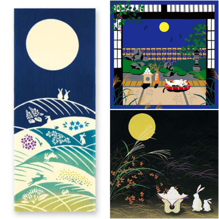 Tenugui Furoshiki featuring moon viewing in September. Japanese culture available at j-okini.com in Malta