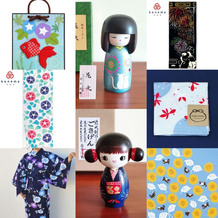 Summer themed Japanese items available at j-okini.com in Malta 夏 - Natsu (Summer) - 金魚 - Kingyo (Gold fish) - 朝顔 - Asagao (Morning glory) - 花火 - Hanabi (Fireworks) - ひまわり - Himawari (Sunflower)