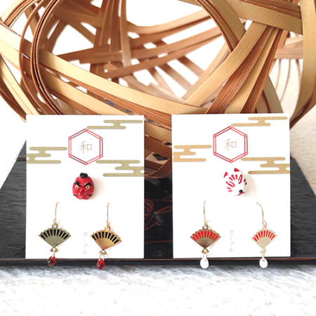 Japanese Mask (Kitsune or Tengu) & Fan Earrings Set