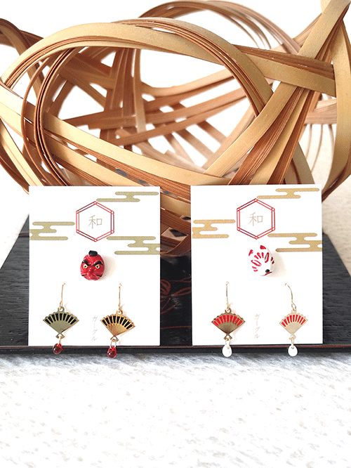 Japanese Mask & Fan Earrings Set, featuring a Japanese festival mask earring (Kitsune or Tengu) inspired by traditional performing arts. Available at j-okini.com in Malta