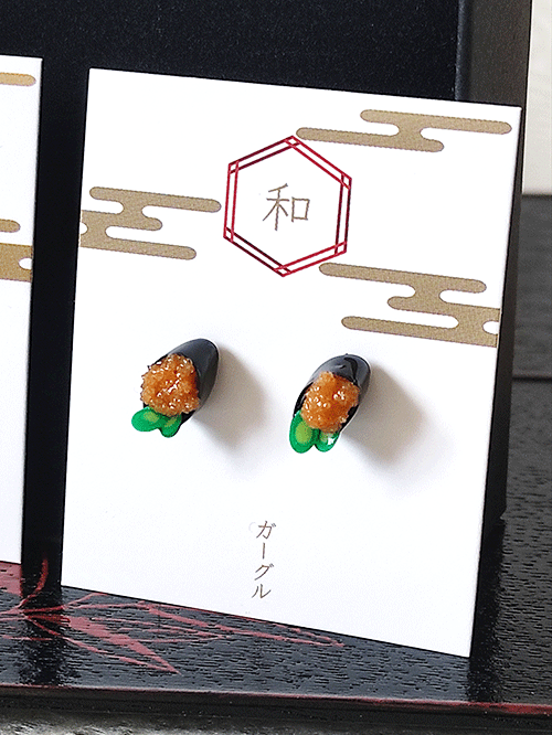 Small sushi earrings featuring sea urchin designs, handmade in Japan.