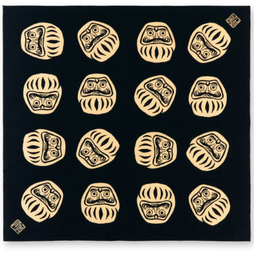 Large black Furoshiki cloth featuring Daruma doll design, symbolizing perseverance; ideal for wall decor, gift wrapping, or creating bags.. j-okini.com in Malta