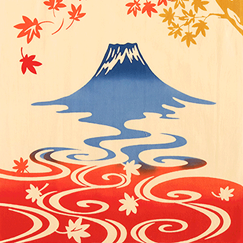 Traditional Japanese Tenugui featuring vibrant momiji (maple) leaves with Mount Fuji in the background. Dyed using the Chusen technique, the fabric showcases rich colors and intricate patterns. Approximately 30 cm x 90 cm in size, versatile as a hand towel or wall decoration.. Available at j-okini.com in Malta