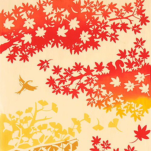 Traditional Japanese Tenugui featuring vibrant momiji (maple) leaves with Mount Fuji in the background. Dyed using the Chusen technique, the fabric showcases rich colors and intricate patterns. Approximately 30 cm x 90 cm in size, versatile as a hand towel or wall decoration.. Available at j-okini.com in Malta