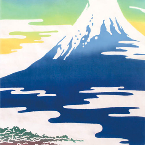 Hand-dyed Tenugui featuring Mount Fuji, its reflection in a lake, a red sun, and a colorful gradient sky, with 'Mount Fuji' written in kanji at the bottom left. j-okini in M,alta