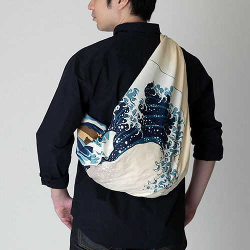 104cm x 104cm furoshiki with The Great Wave off Kanagawa design, ideal for wrapping, bags, or display, in 100% cotton. j-okini.com in Malta