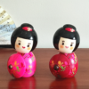 Duo of Kokeshi dolls Hanagasa in pink and red kimono with umbrella