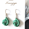 Handmade leather earrings with a delicate twist design in a traditional Japanese Hisui (jade green) color, showcasing Kyo-Yuzen dyeing craftsmanship. Gift idea from j-okini.com in Malta