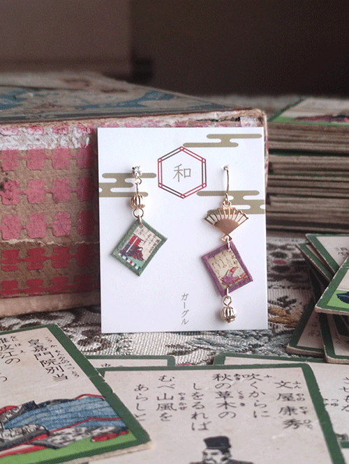 Buy Handmade Earrings Hyakunin-isshu featuring miniature Hyakunin Isshu cards, a nod to the ancient collection of 100 poems by 100 poets. Available at j-okini.com in Malta