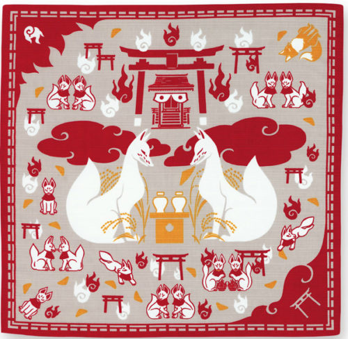 50cm cotton furoshiki with Inari fox design, symbolizing prosperity and success in Japanese Shinto culture.. j-okini.com in Malta