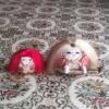 A pair of vintage Kimekomi dolls depicting a Kabuki dance. The adult doll has white hair and holds a naginata, while the child doll has red hair. Both wear detailed fabric kimonos in gold, red, and cream with hand-painted faces. Available at j-okini.com in Malta