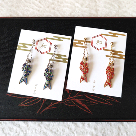 Japanese handmade Koinobori Carp streamer earrings. Available at j-okini.com in Malta