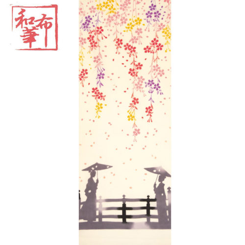 Hand-dyed Tenugui featuring weeping cherry blossoms in four colors and a couple in kimono standing on a bridge, shown in gray tones. j-okini.com in Malta