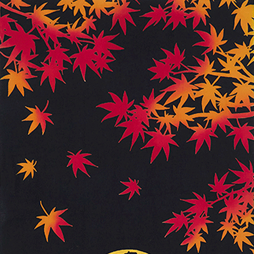 Chusen-dyed Tenugui featuring a serene autumn scene with red and orange maple leaves falling against a black background, a golden full moon, and two white rabbits sitting among tall grasses. Versatile Japanese hand towel, approximately 30 cm x 90 cm.. available at j-okini.com in Malta