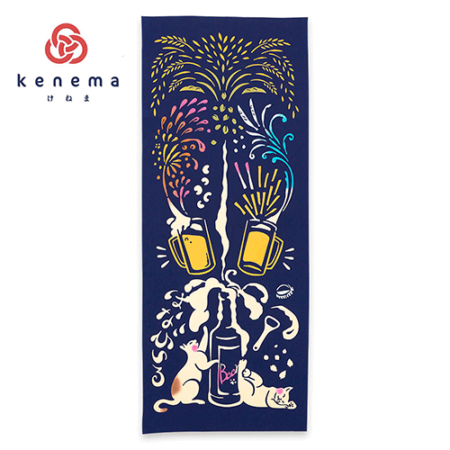 Tenugui Towel Chusen Dye | Neko with Beer