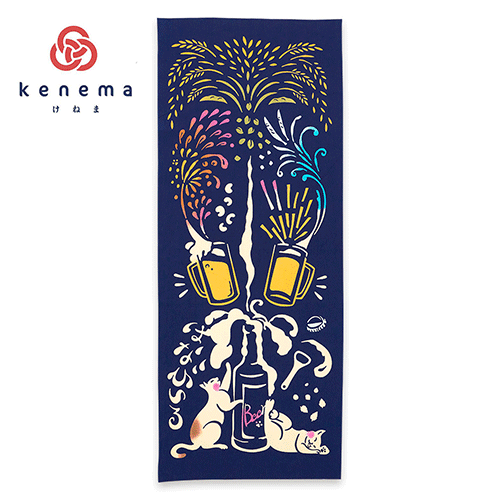 Chusen-dyed Tenugui featuring a playful design of cats with beer, foam, and colorful fireworks on a deep navy background. Versatile Japanese hand towel, approximately 30 cm x 90 cm, perfect for decorative or practical use. Available at j-okini.com in Malta