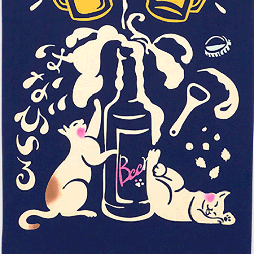 Chusen-dyed Tenugui featuring a playful design of cats with beer, foam, and colorful fireworks on a deep navy background. Versatile Japanese hand towel, approximately 30 cm x 90 cm, perfect for decorative or practical use.