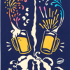 Chusen-dyed Tenugui featuring a playful design of cats with beer, foam, and colorful fireworks on a deep navy background. Versatile Japanese hand towel, approximately 30 cm x 90 cm, perfect for decorative or practical use.