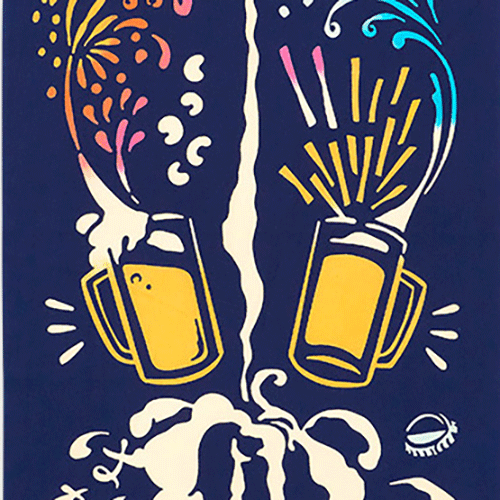 Chusen-dyed Tenugui featuring a playful design of cats with beer, foam, and colorful fireworks on a deep navy background. Versatile Japanese hand towel, approximately 30 cm x 90 cm, perfect for decorative or practical use.