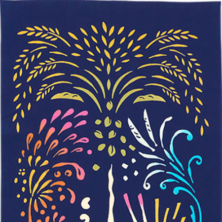 Chusen-dyed Tenugui featuring a playful design of cats with beer, foam, and colorful fireworks on a deep navy background. Versatile Japanese hand towel, approximately 30 cm x 90 cm, perfect for decorative or practical use.