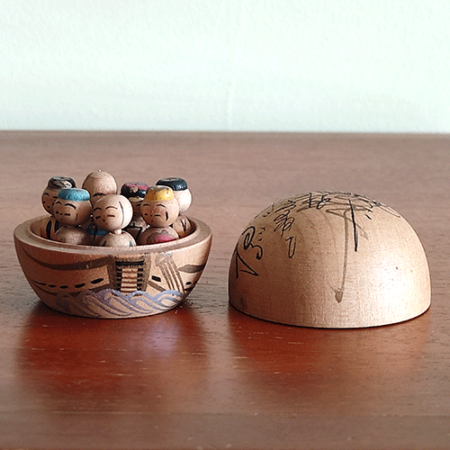 Vintage Miniature Shichifukujin Wooden Doll Set on a Ship