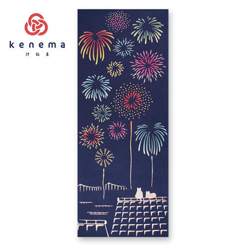 Hand-dyed Tenugui featuring colorful fireworks in the night sky and two white cats sitting on a rooftop in the best spot to watch, symbolizing a 'front-row seat' for the show j-okini.com in Malta