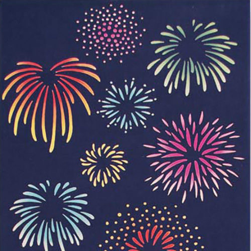 Hand-dyed Tenugui featuring colorful fireworks in the night sky and two white cats sitting on a rooftop in the best spot to watch, symbolizing a 'front-row seat' for the show j-okini.com in Malta