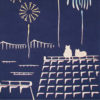 Hand-dyed Tenugui featuring colorful fireworks in the night sky and two white cats sitting on a rooftop in the best spot to watch, symbolizing a 'front-row seat' for the show j-okini.com in Malta