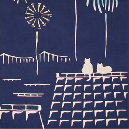 Hand-dyed Tenugui featuring colorful fireworks in the night sky and two white cats sitting on a rooftop in the best spot to watch, symbolizing a 'front-row seat' for the show j-okini.com in Malta