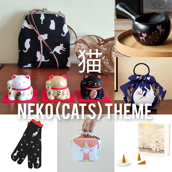 neko themed products available at j-okini.com including tabi socks, bag, furoshiki, incense, maneki-neko