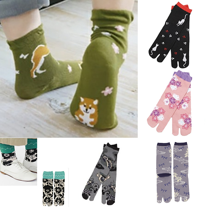 tabi socks with dogs, cats, sakura, dragon design