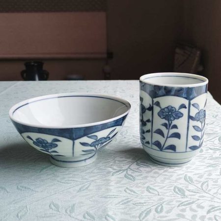 Banko-yaki Yunomi Cup & Japanese Rice bowl | Blue Floral Panels