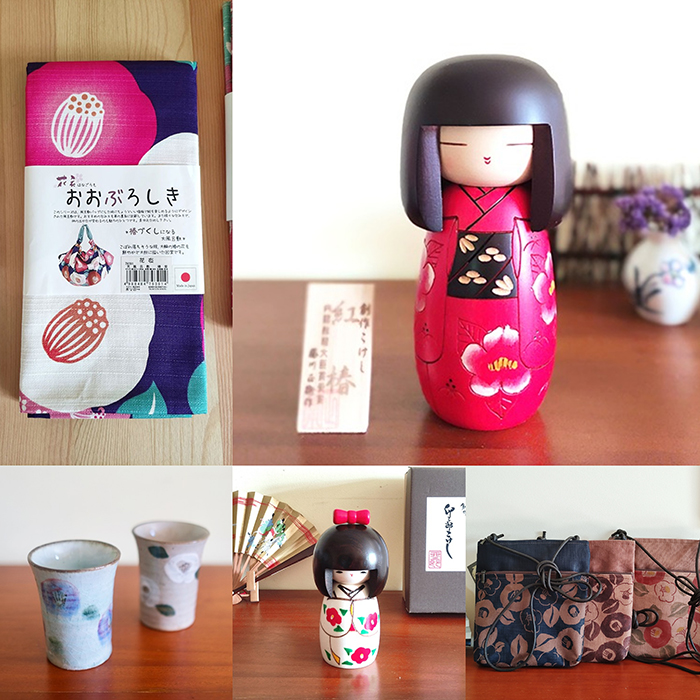 Japanese products featuring Tsubaki Camellia flowers such as Kokeshi dolls, Bags, Furoshiki and cups. Available at j-okini.com in Malta