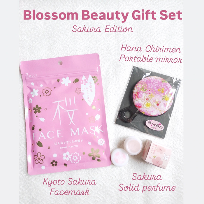 A beautiful Sakura-themed gift set featuring a Kyoto Sakura Face Mask, a Japanese Solid Perfume in Sakura scent, and a floral portable mirror with a chirimen fabric backing. The pattern and color of the mirror’s fabric may vary. A perfect gift for Japan lovers. Available at j-okini.com in Malta