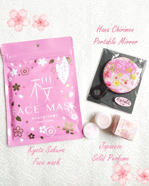 A beautiful Sakura-themed gift set featuring a Kyoto Sakura Face Mask, a Japanese Solid Perfume in Sakura scent, and a floral portable mirror with a chirimen fabric backing. The pattern and color of the mirror’s fabric may vary. A perfect gift for Japan lovers. Available at j-okini.com in Malta