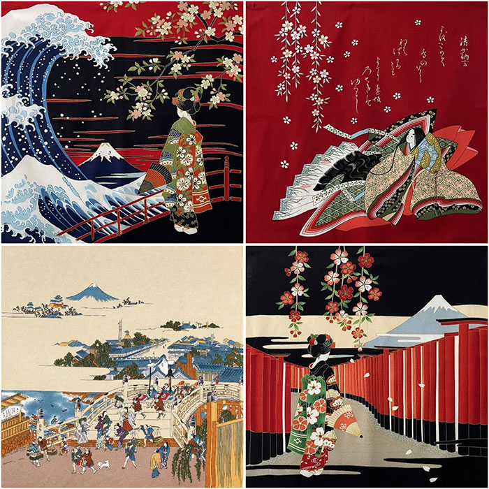 A luxurious Chirimen Furoshiki featuring an authentic Ukiyo-e print of a Maiko, cherry blossoms, waves, and Mount Fuji, crafted in Japan