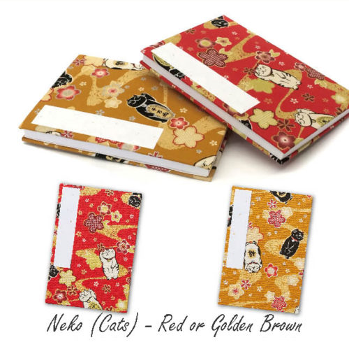 A Japanese Goshuincho accordion notebook with fabric covers featuring Cats designs. Compact, with thick votive paper for ink, calligraphy, and journaling. Comes with a matching drawstring bag for easy carrying. Available at j-okini.com in Malta