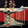 A vibrant Japanese furoshiki wrapping cloth made from Chirimen crepe fabric, featuring a Ukiyo-e design with Maiko, cherry blossoms, a Torii gate, and Mount Fuji, embodying traditional Japanese elegance. Made in Japan. Available at j-okini.com in Malta