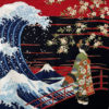 A luxurious Chirimen Furoshiki featuring an authentic Ukiyo-e print of a Maiko, cherry blossoms, waves, and Mount Fuji, crafted in Japan. Available at j-okini.com in Malta