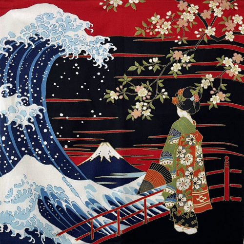 A luxurious Chirimen Furoshiki featuring an authentic Ukiyo-e print of a Maiko, cherry blossoms, waves, and Mount Fuji, crafted in Japan. Available at j-okini.com in Malta