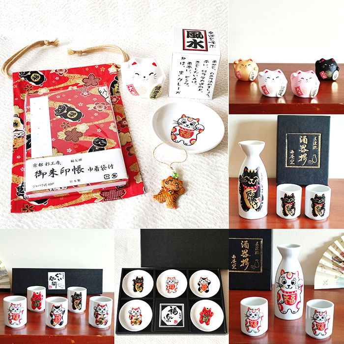 Maneki-neko themed products including sake set, table ware, maneki-neko, ornament, goshuincho accordion sketch book, netsuke and plate. Made in Japan. Available at j-okini.com in Malta