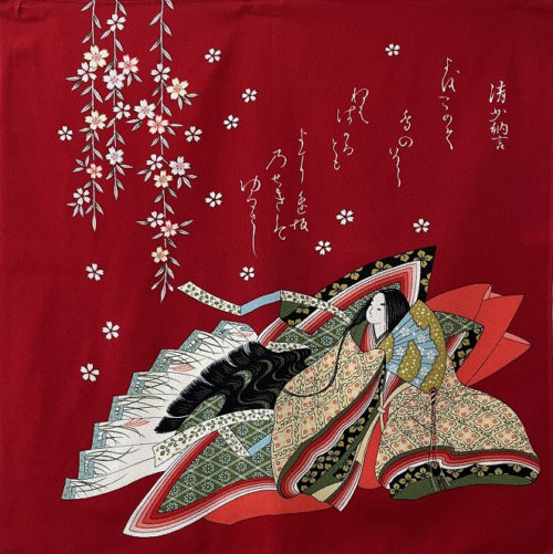 A luxurious Chirimen Furoshiki featuring a classic Ukiyo-e depiction of Sei Shōnagon, adorned with weeping cherry blossoms and an excerpt from her famous Heian-period poem, set against a deep red background. Available at j-okini.com in Malta