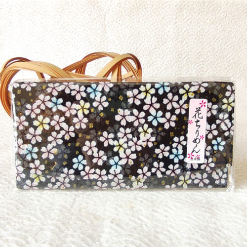 Hana Chirimen Kimono Wallet in black, crafted from traditional Kyoto Chirimen fabric with delicate sakura patterns.