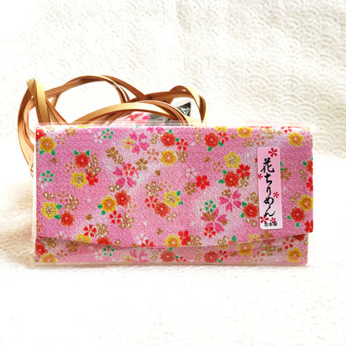 Hana Chirimen Kimono Wallet in pink, crafted from traditional Kyoto Chirimen fabric with delicate sakura patterns. Available at j-okini.com in malta