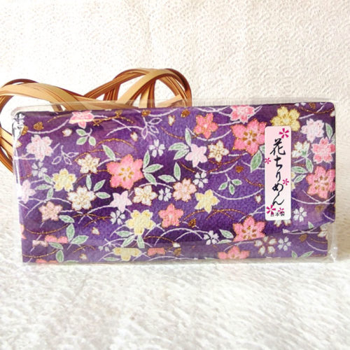 Purple Chirimen wallet with sakura floral pattern, folded design
