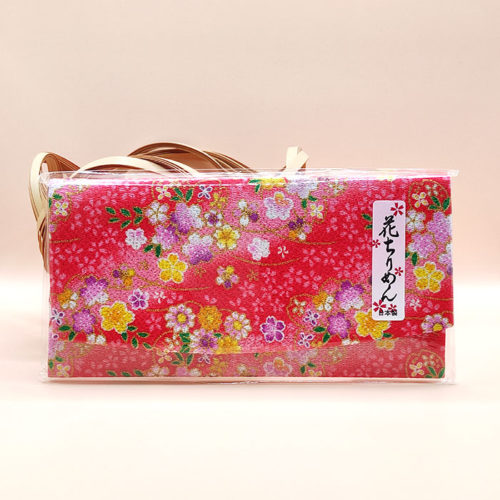 Coral red Chirimen wallet with floral pattern, folded design. Made in Japan. Available at j-okini.com in Malta