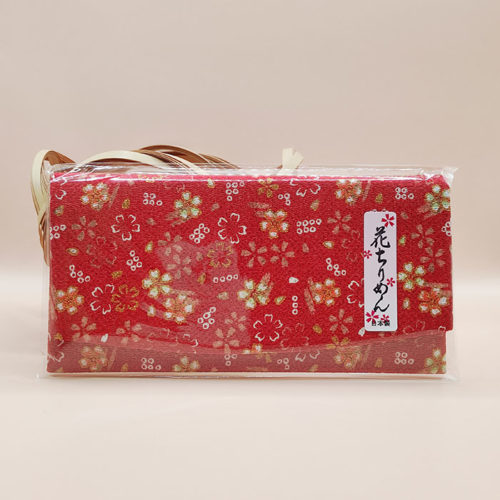 Red Chirimen wallet with sakura floral pattern, folded design. Made in Japan. Available at j-okini.com in Malta