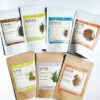 Seven Japanese teas bundle featuring premium Matcha, Sencha, Genmaicha, Kariganecha, and Hojicha in powder and loose-leaf form. Grown on a pesticide-free farm. Available at j-okini.com.